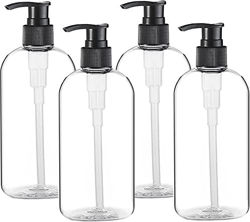 Lot de 4 flacons vides en plastique pour pompe à main - 500 ml - Portable - Sans BPA - Flacon de pompe à main - Durable et rechargeable - Avec 9 étiquettes pour huile de massage, savon liquide