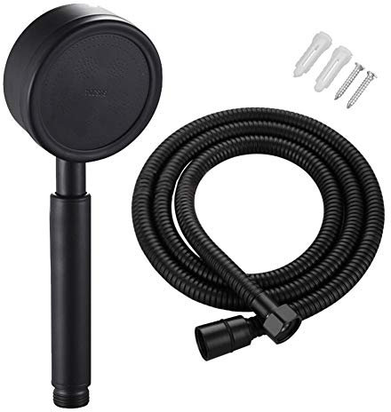 KAIISSA Juego de alcachofa de ducha con manguera, ducha de mano de 80 mm de diámetro con manguera de ducha de 1,5 m, acero inoxidable, ahorro de agua, alta presión, para bañera y ducha, color negro