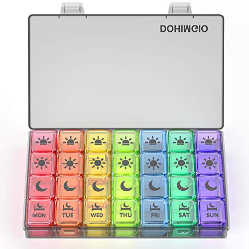 7 Day Pill Box Organiser 4 Times a Day, Weekly Pill Box Case with 28 Compartments for Morning Noon Evening Bed (Black+Rainbow)
