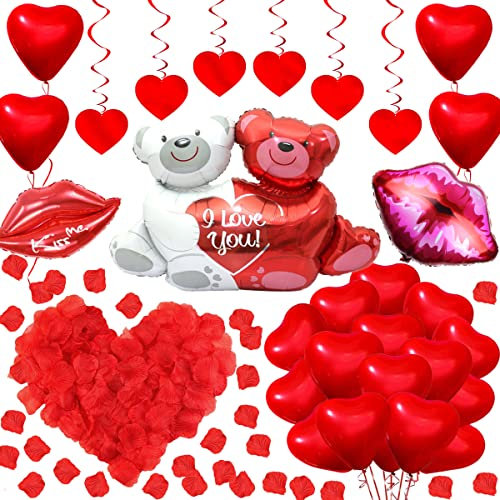 Valentinstag Romantische Dekoration,1000 Rote Rosenblätter Rote Luftballons Große Lippenballons Liebesbär Ballon und rote Liebe hängende Wirbel für Valentinstag Hochzeitstag Verlobungsdekoration