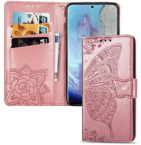 IMEIKONST Handyhülle für LG K52, Geprägt Flip Brieftasche LG K52 Hülle Magnetic Schutzhülle Kompatibel mit LG K52. Butterfly Rose Gold SD
