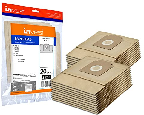 Invest - Staubsaugerbeutel Ersatz, Filtertüten Beutel Kompatibel mit Kärcher: 6.904-312, 6.904-318, 6.907-011, NT 360, NT 360 Eco Xpert, T 12/1, T 12/1 Eco Efficiency - Braun, 20 Stück