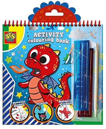SES Creative 00115 Activity-Malbuch Metallic 3 in 1 – Metallischer Mal-, Kratz- und Klebespaß für Kinder
