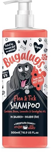 Flea and Tick Dog Shampoo by Bugalugs, Works on Smelly Puppies & Dogs, Contains Neem Oil PH Balanced Vegan Used by Professional Groom (Shampoo 500ml)