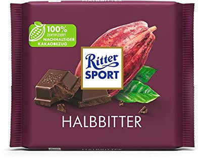 Ritter Sport Halbbitter 100 g, Bitterschokolade mit 50 % Kakao, zart-herbe, dunkle Tafelschokolade, Schokolade aus edlen Kakaobohnen Nicaraguas