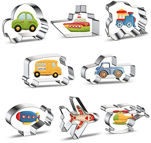 Xzhloym 8-Piece Transportation & Vehicles Cookie Cutter Set - Car, Airplane, Train, Bus, Helicopter, Vintage Truck, Airship, Cruise Ship Shapes