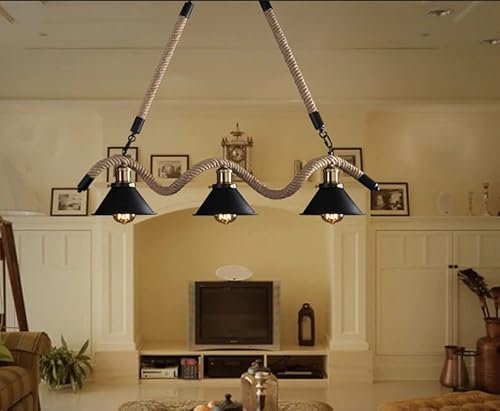 Lampadario a sospensione 3 luci attacco E27 con corda di canapa campane nere stile rustico vintage