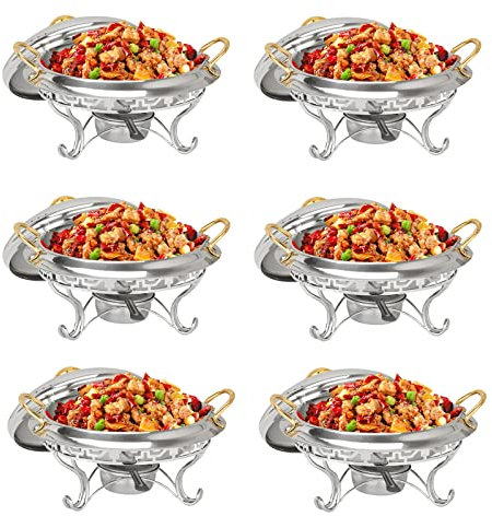 Round Gold Plated Chafing Dish, 2/4/6 Pack Stainless Steel Chafer Catering Buffet Warming Container Set with Fuel Holders, for Restaurant Parties Weddings,6 Pack