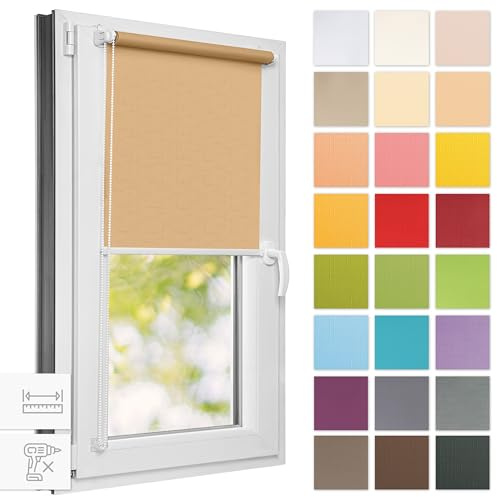 Estika Rollo für Fenster ohne Bohren - 90cm x 220cm - Beige - 25 Stofffarben, Klemmfix Montage, Fensterrollos für innen, Sichtschutz für Fenster und Balkontür (90 cm Stoffbreite)