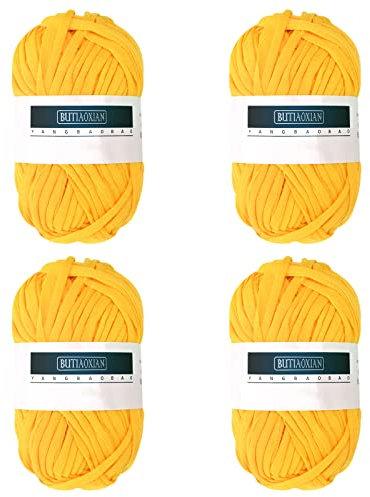 4 Pack 100g Grobes Baumwolle Garn zum Stricken und Häkeln T-Shirt Band Strickgarn Baumwolle Überwurfgarn Weiches Großes Garn Häkelgarn Set für Korb Taschen Decken Hüte Spielzeug Schals Gelb