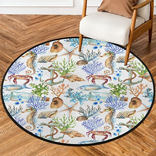 TropicalLife Seepferdchen, Krabben, Anker, Muschelbereich, runder Teppich f¨¹r Wohnzimmer, 160 cm, Ozean, Meer, Thema, Teppich, rutschfest, maschinenwaschbar, Nachttisch, gro?er Bodenteppich