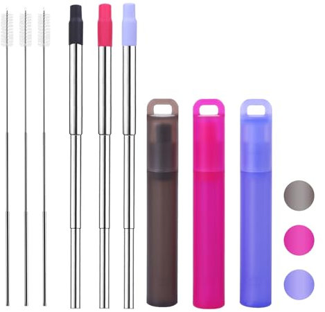 NAIVELY-Reusable Metal Straws 3 Pack Collapsible Stainless Steel Straw,travel straw with case and Cleaning Brush,Retractable Portable Pocket Straws(Gray, Red, Purple orchid, Telescopic brush)