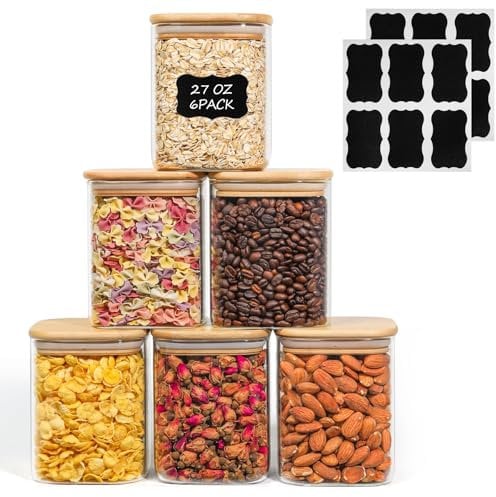ComSaf 27oz/800ml Glass Food Storage Jars Set of 6, Clear Storage Containers with Airtight Bamboo Lid, Pantry Organization Jar, Spice, Tea, Coffee and Sugar Container, Canister Set for Kitchen