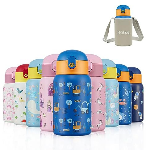 Autsel Kids Water Bottles with Straw 400ml Insulated Stainless Steel Excavator Water Bottle BPA-Free Reusable Metal Water Bottle with Protective Case for Girls and Boys Keep 6h Hot & 12h Cold