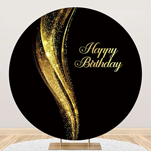 Renaiss 2.3m Joyeux Anniversaire Rond Toile de Fond Noir et Or Paillettes Polyester Photographie Fond Enfants Adultes fête d'anniversaire décoration Fournitures bébé Douche Photo Studio Accessoires