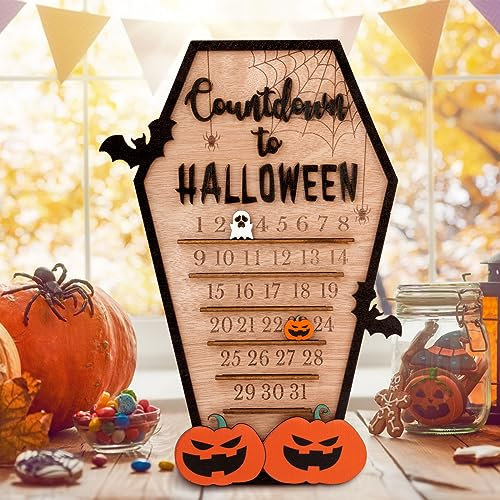 BOFUNX Halloween Adventskalender Halloween Deko mit Geist und Kürbis Beweglicher Holzblock Halloween Countdown Kalender aus Holz für Halloween Party Ornament