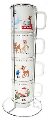 Disney Rudolph Holly Jolly Christmas S/4 Stacking Mugs | Kitchen Accessories | Cute Ceramic Housewarming Gifts For Men And Women And Kids | Official Licensee | 1 Set