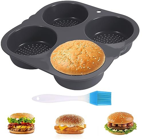 Moule Pour Pain Hamburger, Moule Silicone Burger, Moule Burger Pain Rond, 4/6 Cavités Pain Disponibles, Avec 1 Pinceau à Huile, Pour Pain, Pâtisseries, Pains à Hamburgers Et Muffins (4 trous)