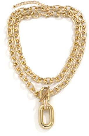 LYSPJEWY Collana spessa a strati in oro cubano con catena a moschettone, collana girocollo grossa, gioielli regalo per donne e ragazze, Zinco, Nessuna pietra preziosa