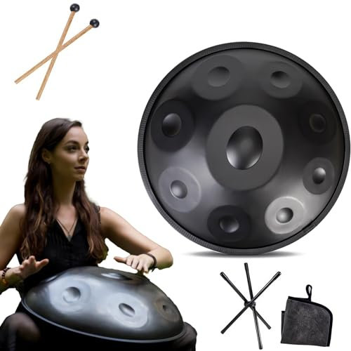 Handpan Instrument - 432Hz/440Hz 9/10/ 12 Noten - 55cm Stahl Zungentrommel - Handtrommel Mit Trommelständer Für Klangheilung (Size : 432Hz, Color : BLACK_9 NOTES)