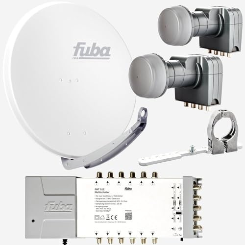 Fuba Sat Anlage 12 Teilnehmer - 2 Satelliten (z.B. Astra/Hotbird) | Satellitenschüssel Komplettset - DAA 850 W Sat-Schüssel 85cm Alu weiß + 2X LNB + Multifeed + Multischalter 12 Teilnehmer