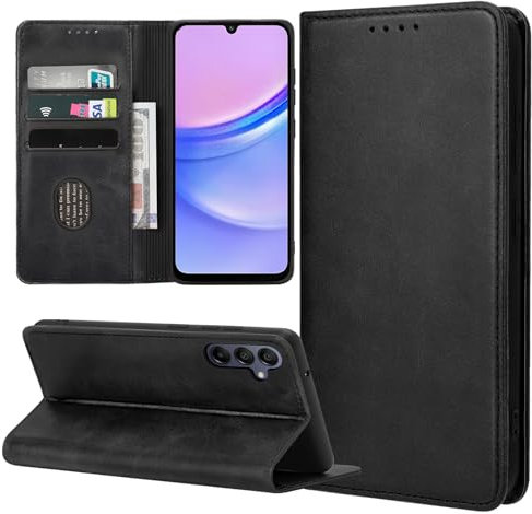 ZYIMOU Handyhülle für Samsung Galaxy A15 Hülle, Leder Schutzhülle Standfunktion Kartenfach Wallet Klapphülle Samsung A15 Flip Case Cover, Schwarz