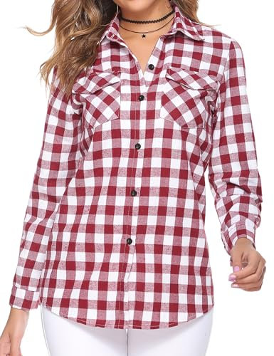 Aottori Camicetta Donna Quadri Elegante Camicia in Cotone Blusa a Maniche Lunghe Camicie Scozzese Flanella vestibilità Classica Vino Rosso M
