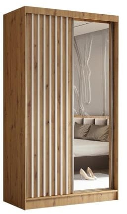 BEAUTY SOFA Helix - Schrank mit Spiegel - Kleiderschrank mit Schiebetüren und Lamellen - Garderobenschrank, Mehrzweckschrank, Flurschrank - 120cm breit - Artisan & Lamellenfarbe Weiß