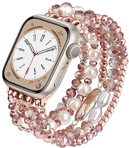 VISOOM Beaded Boho Armband kompatibel mit Apple Watch Armband 42mm/44mm/45mm, Schmuck Perlen Elastisch Ersatz Armband iWatch Series 9/8/7/SE2/SE/6/5/4/3/2/1,Roségold