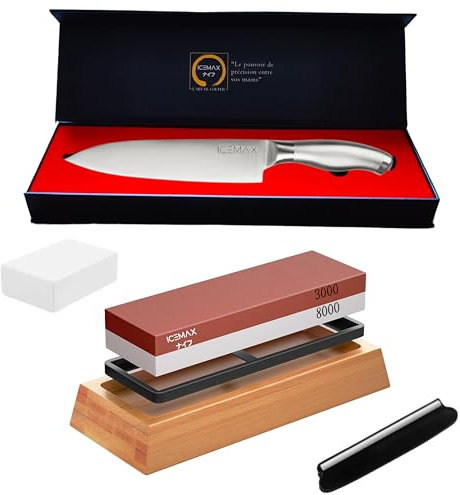 ICEMAX® | Lot couteau cuisine + pierre a aiguiser | MARQUE FRANÇAISE - Pierre à Aiguiser Base en Bambou Antidérapante + Couteau professionnel avec sa boite magnétique comprise | Cadeau homme femme