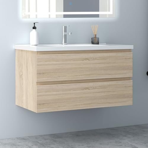 Biubiubath Badezimmermöbel 100cm Keramik Waschtisch mit Unterschrank Badmöbel Set Badezimmerschränke mit 2 Soft-Close Schubladen Eiche Matt