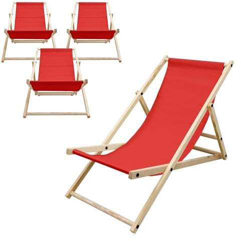 ECD Germany Set di 4 Sedie a Sdraio Pieghevoli in Legno di Pino fino a 120 kg Rosso Schienale Regolabile 3 Posizioni Lettino Prendisole Spiaggia Balcone Giardino Terrazza Piscina Spiaggina da Esterno