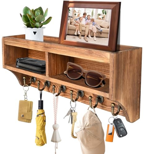 KERESUEDO Key Holder Wall Mount with Mail Organizer, 6 Hooks & Shelf, Brown