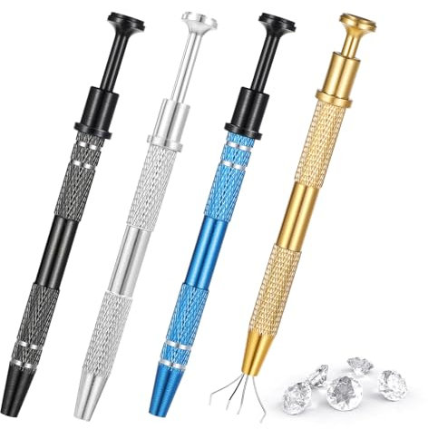 Bewudy 4Pcs Piercing Ball Grabber Tool, 4 Prongs Jeweler's Pick Up Tool, Stainless Steel Diamond Claw Tweezers Pearl Grabber for Tiny Objects IC Chips Electronic Components(4 Colors)