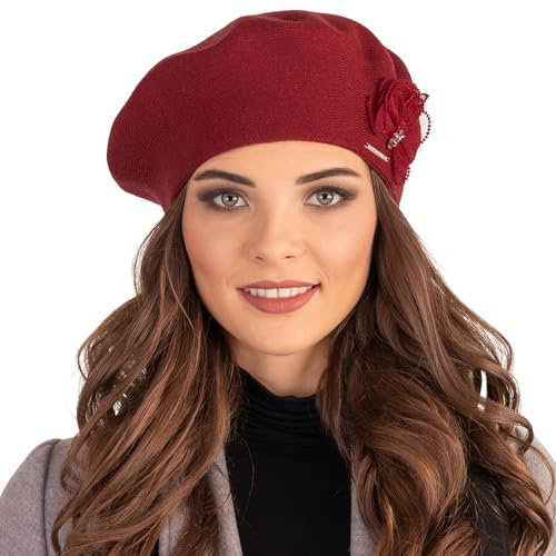 VIVISENCE Baskenmütze Winter Damen Mit Klassischem Schnitt Elegante Mütze Mit Wärmendem Garn Mit Wollzusatz Wintermütze Für Frauen Blumenapplikation Perfekte Anpassung Modell, Dunkelrot,Einheitsgröße