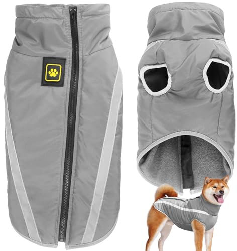 Dolahovy wasserdichte Hundemäntel, Winter Haustier Warme Jacken Hunde Mäntel Hunde Kleidung Reflektierende Kleidung Welpen Weste mit Harness Loch für kleine mittlere große Hund (Grau, 2XL)