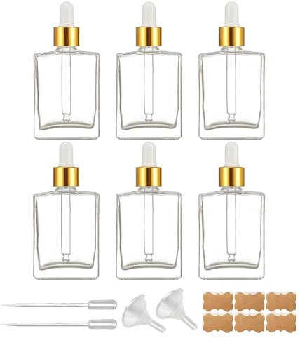 BEGIKET 6 Pack 1.7oz Clear Square Glass Dropper Bottles, 50ml Empty Square Perfumes Bottles with Eye Droppers, for Essential Oils,Liquids, Tincture Bottle (Clear -Golden Cap)