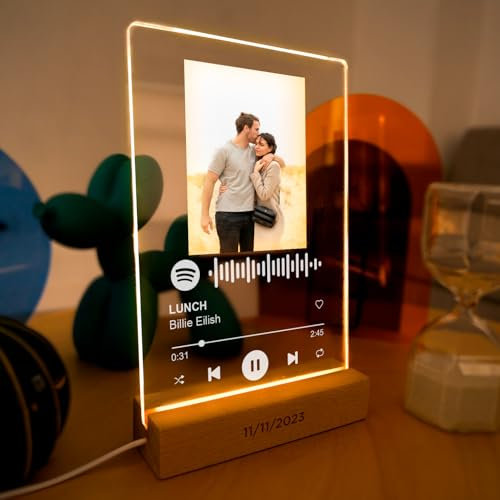 mubusi Placa Spotify Personalizada con Luz Blanco (15x22 cm) - Lampara con Foto - Placa de Metacrilato y Base de Madera con luces LED - Regalos Personalizados Originales y Únicos