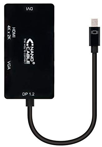 Conversor Mini DP a VGA/DVI/HDMI 3 en 1 de color negro, longitud 15 cm. Este adaptador versátil es ideal para conectar tu dispositivo Mini DisplayPort a pantallas con entradas VGA, DVI o HDMI.