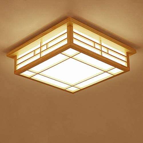 DJOAIUYF 24W Japanische Deckenleuchte Holz Tatami Lampe Fernbedienung LED dimmbare Deckenleuchte Schafsfell Deckenleuchte 3000-4500-6400K (Warmes/weißes/neutrales Licht) (Warmes Licht)