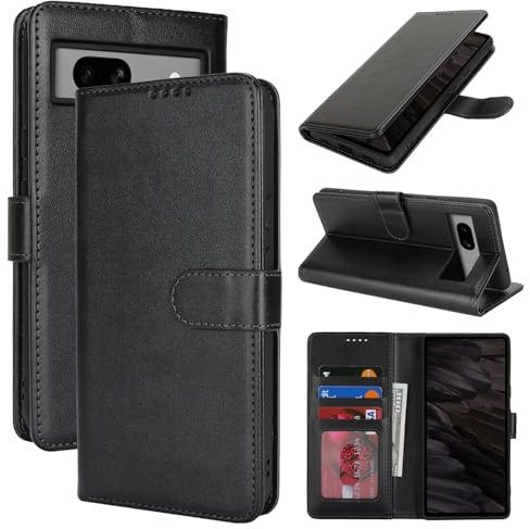 Zouzt Hülle für Google Pixel 7A, Stoßfestes PU Leder Handyhülle Lederhülle Klapphülle mit Kartenhalter und Standfunktion Flip Leather Wallet Phone Cover (Schwarz)