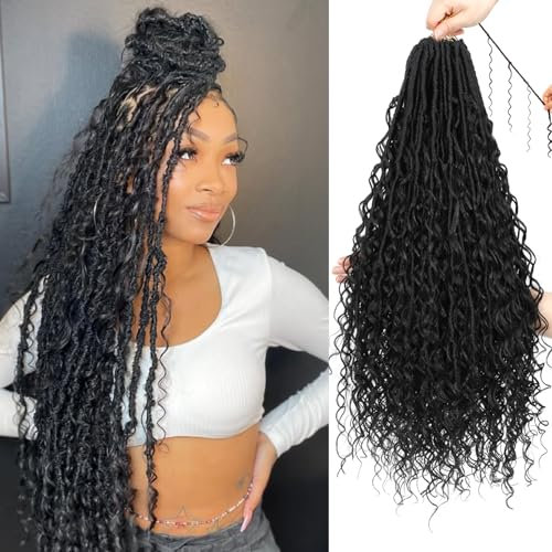 XIIMENALU Boho Faux Locs Crochet Hair 8 Packs Goddess Soft Locs with Curly Ends Pre-Looped Bohemian River Locs Crochet Hair Extensions for Black Women (1B#, 30Inch(Pack of 8))