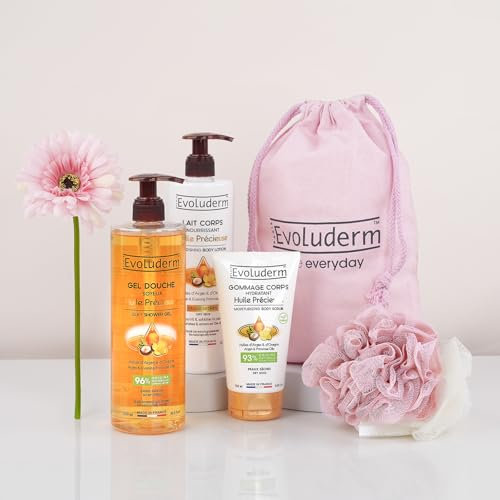 EVOLUDERM - Pochon Corps Huile Précieuse - Fête des Mères - 3 produits - Idée Cadeau - Fête des Mères - Anniversaire
