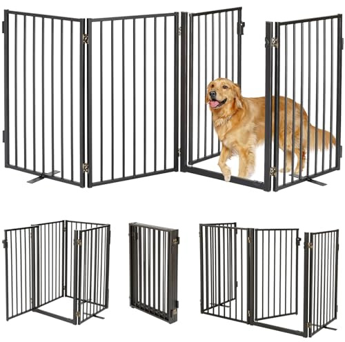 Metal Freestanding Dog Gates with Door for Outdoor Indoor,80'' Extra Wide 36'' Tall Free Standing Dog Gate for Doorways,Large Openings,Deck,Yard,Porch,Foldable Safety Pet Fence(Black,4 Panels)