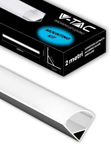 V-TAC 1x Profilé Aluminium Angulaire de 2 MÈTRES pour Bandes LED – Profilés en Aluminium avec Couvercle Satiné – Largeur Maximale de la Bande LED: 10,5 mm – Dimensions: 21,3 x 15,8 mm