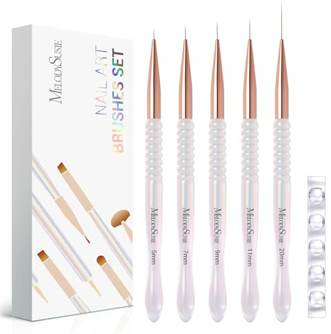 MelodySusie 5Pcs Nail Art Liner Brushes with Nail Brush Holder, Professional Gel Polish Painting Art Design Pen for Thin Long Lines, Tiny Details, Fine Drawing, Delicate Coloring Sizes 5/7/9/11/20mm