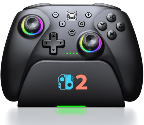 Switch 2 Controller für Switch/OLED/Lite,RGB Lichteffekte Programmierung Pro Controller Wireless mit Ladestation und Turbo, Bluetooth Gamepad mit Hall Joystick Trigger Kein Drift und Dead Zones,Black