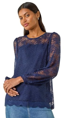Roman Originals Lace Jersey Stretch Top for Women UK - Ladies Everyday Autumn Winter Round Neckline Comfy Soft Evening Vacation Work Party Night Out - Navy - Size 14