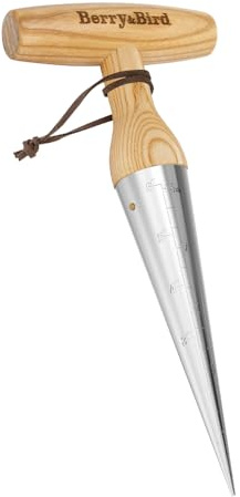 Berry&Bird Blumenzwiebelpflanzer 26 cm- Pflanzholz mit Skala, Zwiebelpflanzer mit Griff aus Eschenholz, Ideales Gartengerät zum Pflanzen von Sämlingenn und Zwiebeln