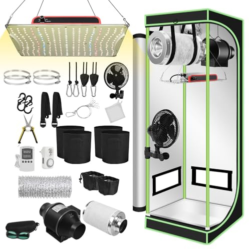 Ollewiellan Growzelt Komplettset 60x60x140cm mit 100W LED Grow Lampe, Belüftungssystem inkl. Aktivkohlefilter, Vollspektrum Pflanzenzelt